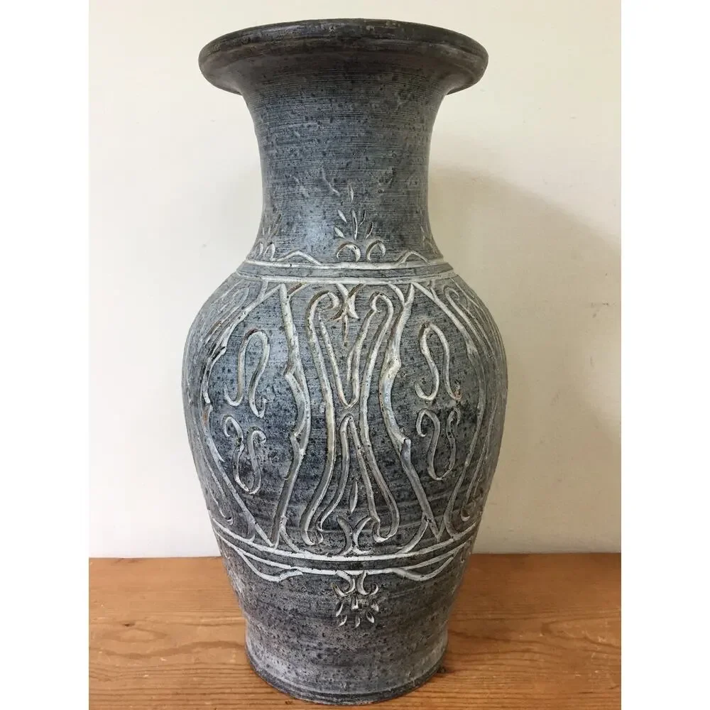 Vtg Hand Thrown Art Studio Earthenware Blue Matte Arabesque 14